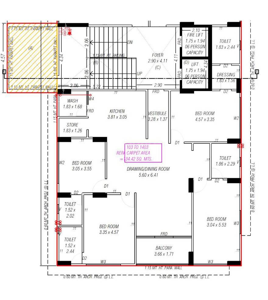 Floor plan of 4 BHK 1447 Sq. Ft. Apartment in Kamal 24 Carat Gold Coin Apartments, Ahmedabad
