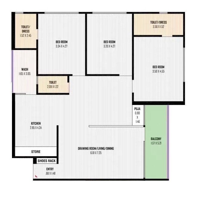 Floor plan of 3 BHK 1241 Sq. Ft. Apartment in Kanha Nest Elina, Ahmedabad