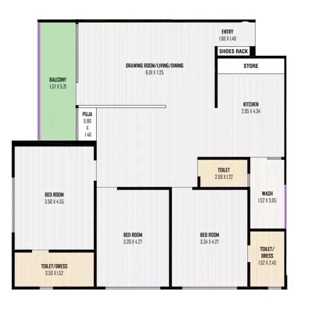 Floor plan of 3 BHK 1254 Sq. Ft. Apartment in Kanha Nest Elina, Ahmedabad