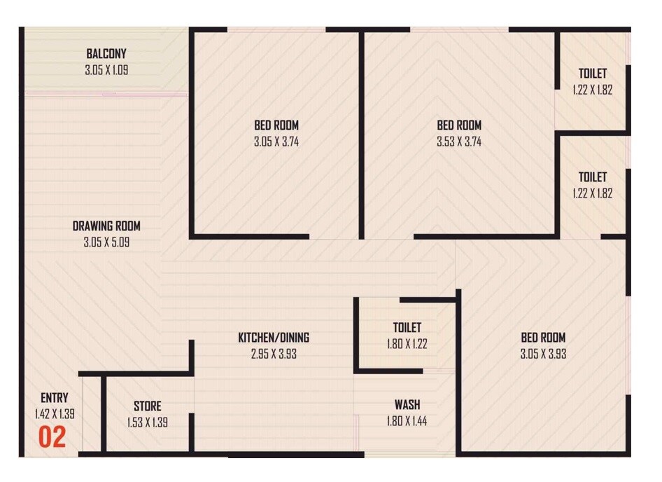 Floor plan of 3 BHK 869 Sq. Ft. Apartment in Karm Homes, Ahmedabad