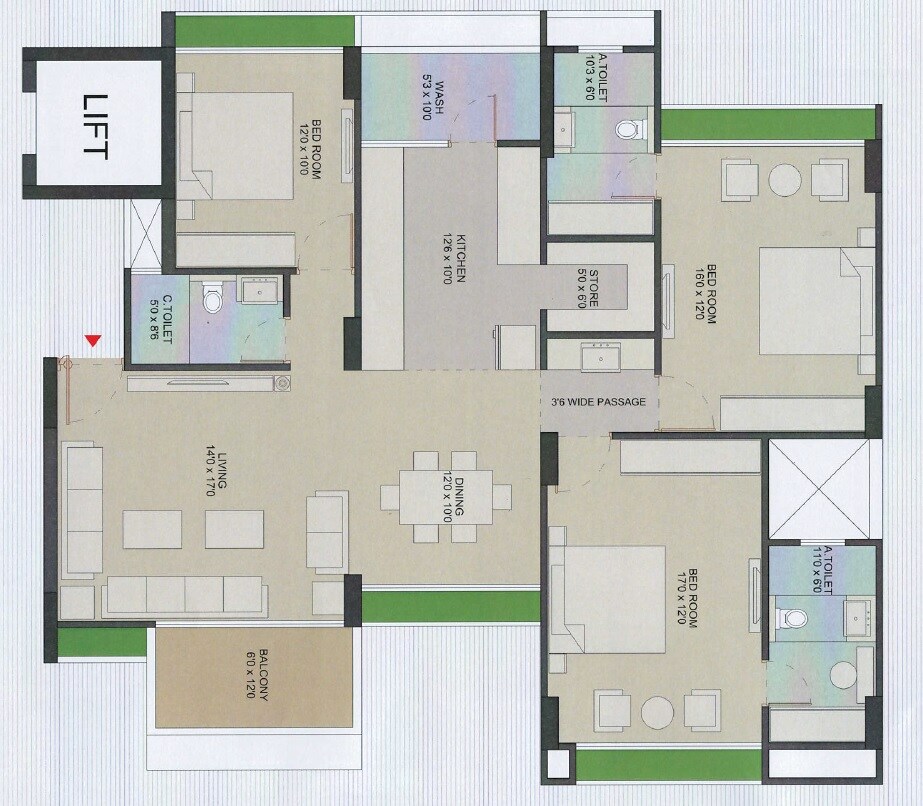 Floor plan of 3 BHK 1292 Sq. Ft. Apartment in Karnavati Vivanta Living, Ahmedabad