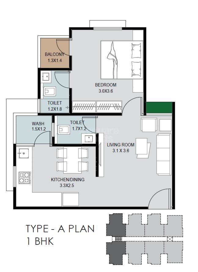 Floor plan of 1 BHK 406 Sq. Ft. Apartment in Kastbhanjan Shree Sai Hari, Ahmedabad