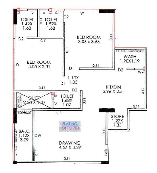 Floor plan of 2 BHK 636 Sq. Ft. Apartment in Kausar AL Hamd 42, Ahmedabad