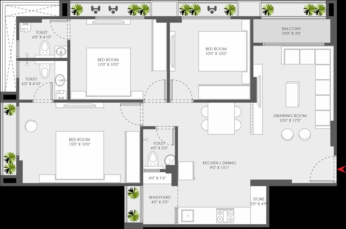 3 BHK 810 Sq. Ft. Apartment