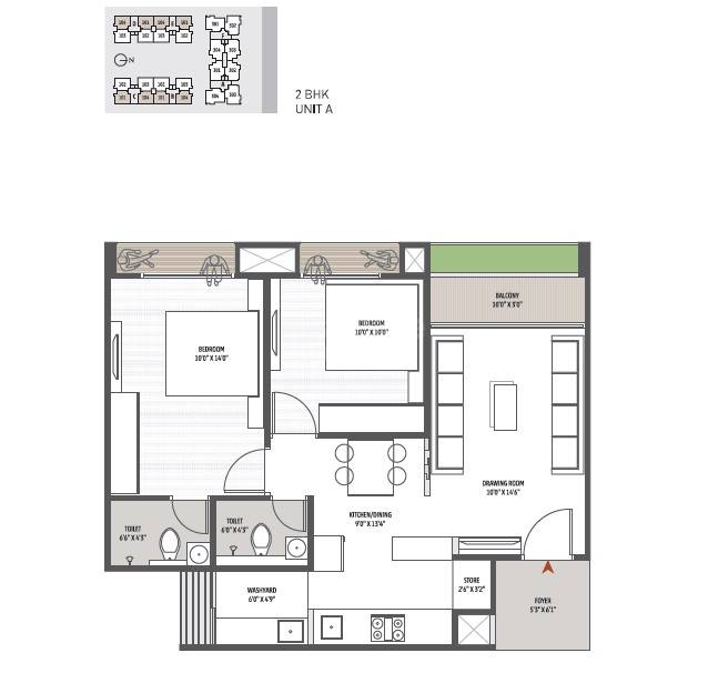 Floor plan of 2 BHK 585 Sq. Ft. Apartment in Kavisha Amara, Ahmedabad