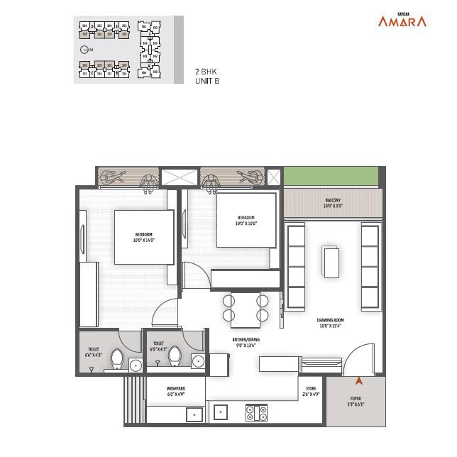 Floor plan of 2 BHK 599 Sq. Ft. Apartment in Kavisha Amara, Ahmedabad