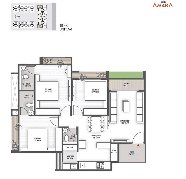 Floor plan of 3 BHK 767 Sq. Ft. Apartment in Kavisha Amara, Ahmedabad