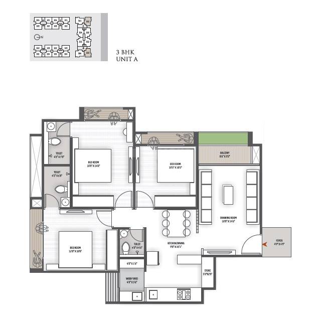 Floor plan of 3 BHK 774 Sq. Ft. Apartment in Kavisha Amara, Ahmedabad