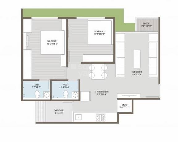 Floor plan of 2 BHK 1200 Sq. Ft. Apartment in Kavisha Panorama, Ahmedabad