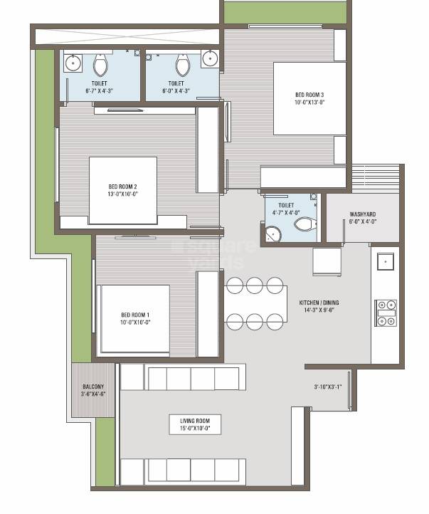 Floor plan of 3 BHK 1450 Sq. Ft. Apartment in Kavisha Panorama, Ahmedabad