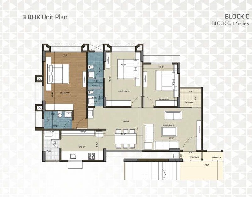 Floor plan of 3 BHK 2010 Sq. Ft. Apartment in Kavisha Pebble Bay, Ahmedabad