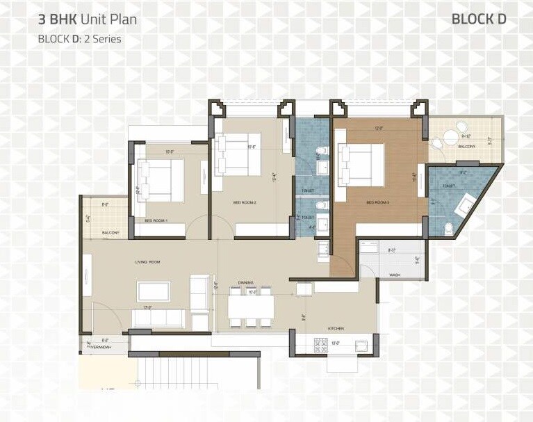 Floor plan of 3 BHK 2170 Sq. Ft. Apartment in Kavisha Pebble Bay, Ahmedabad