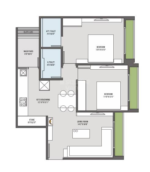 Floor plan of 2 BHK 1130 Sq. Ft. Apartment in Kavisha Urbania, Ahmedabad