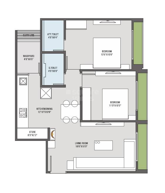 Floor plan of 2 BHK 1175 Sq. Ft. Apartment in Kavisha Urbania, Ahmedabad