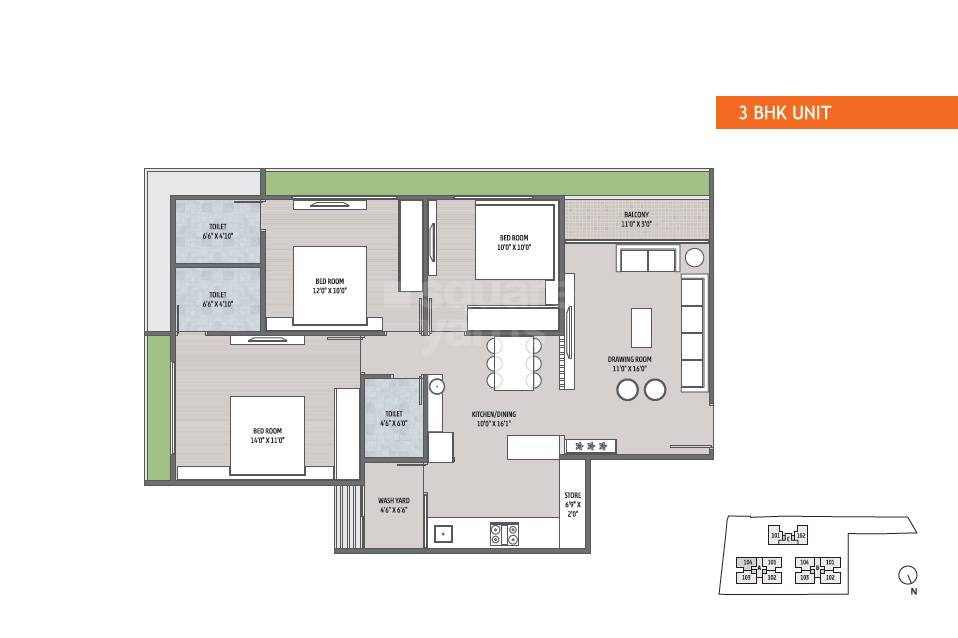 Floor plan of 3 BHK 1764 Sq. Ft. Apartment in Keshar Kadam, Ahmedabad
