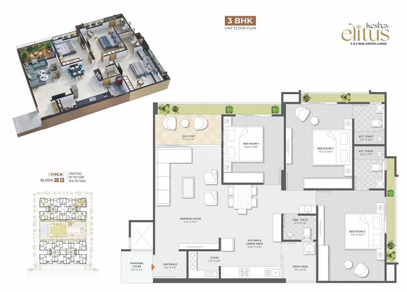 Floor plan of 3 BHK 2160 Sq. Ft. Apartment in Keshav Elitus, Ahmedabad