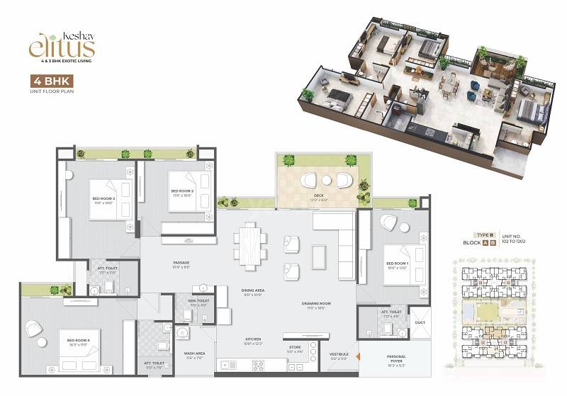 Floor plan of 4 BHK 2880 Sq. Ft. Apartment in Keshav Elitus, Ahmedabad