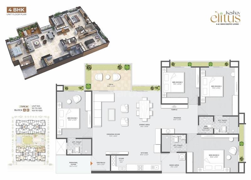 Floor plan of 4 BHK 2970 Sq. Ft. Apartment in Keshav Elitus, Ahmedabad