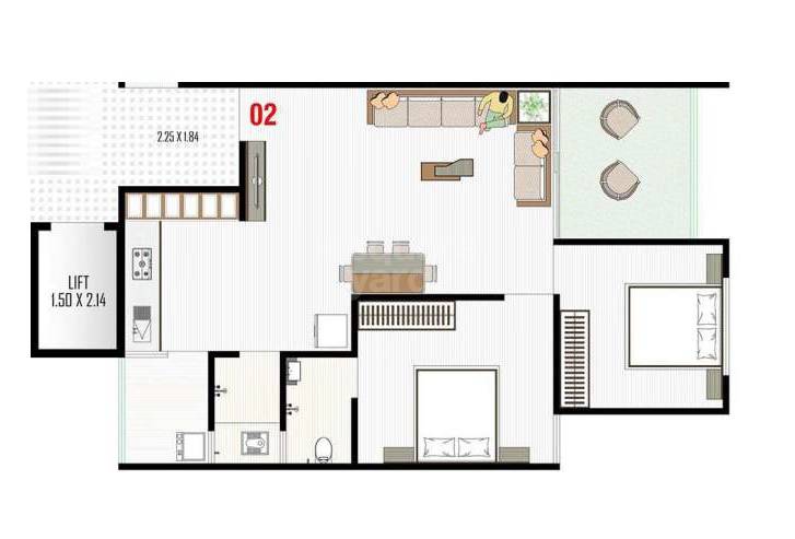 Floor plan of 2 BHK 635 Sq. Ft. Apartment in Keshav Sarthak Lake View, Ahmedabad