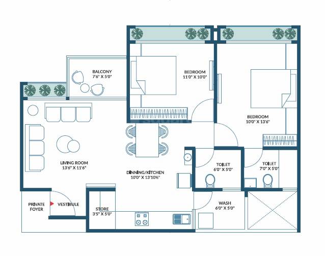 Floor plan of 2 BHK Apartment - 790 sq. ft. in Khwaish Blue Bell, Ahmedabad