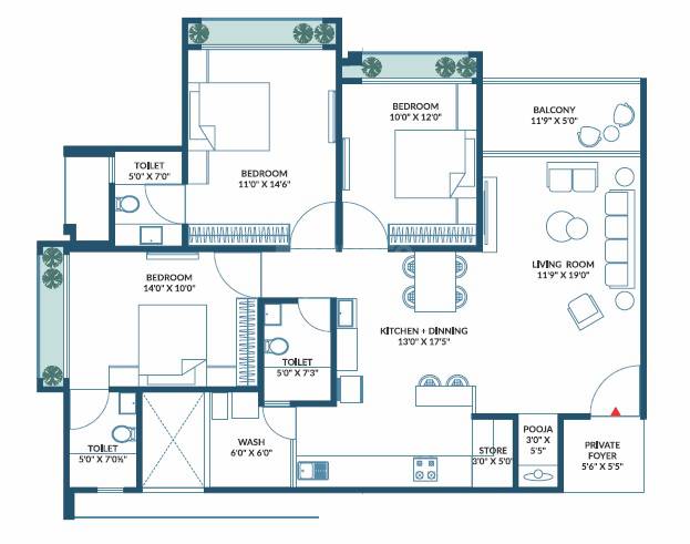 Floor plan of 3 BHK Apartment - 1083 sq. ft. in Khwaish Blue Bell, Ahmedabad