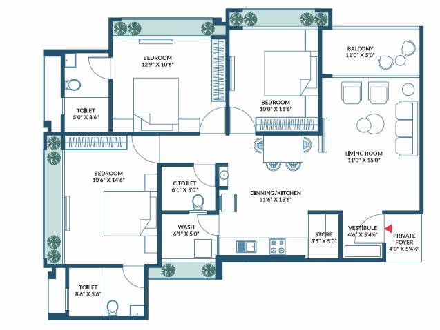 Floor plan of 3 BHK Apartment - 1200 sq. ft. in Khwaish Blue Bell, Ahmedabad