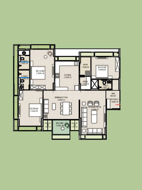 Floor plan of 3 BHK 1377 Sq. Ft. Apartment in Kiara Jade, Ahmedabad