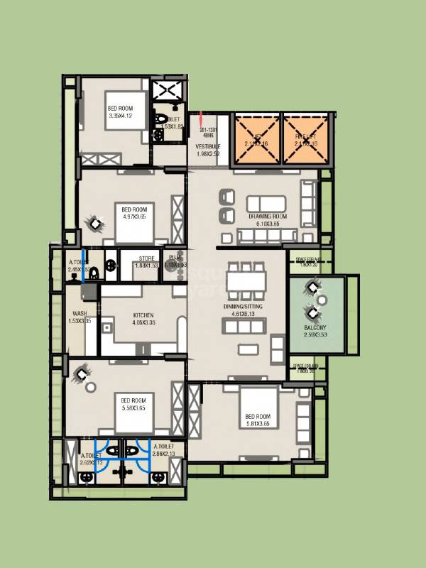 Floor plan of 4 BHK 1873 Sq. Ft. Apartment in Kiara Jade, Ahmedabad