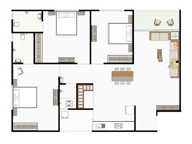 Floor plan of 3 BHK 1045 Sq. Ft. Apartment in Kishan Royal Palace, Ahmedabad