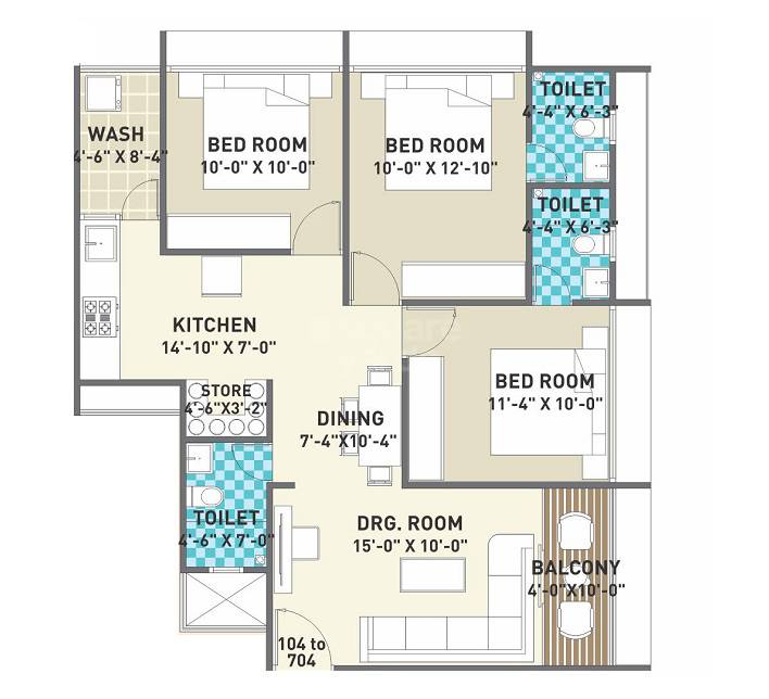 Floor plan of 3 BHK 1638 Sq. Ft. Apartment in Krishna Crown 140, Ahmedabad