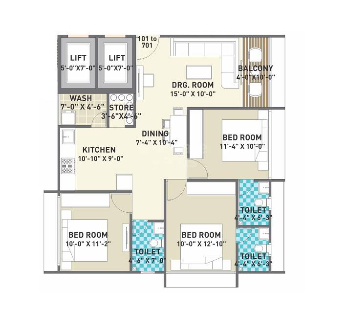 Floor plan of 3 BHK 1836 Sq. Ft. Apartment in Krishna Crown 140, Ahmedabad