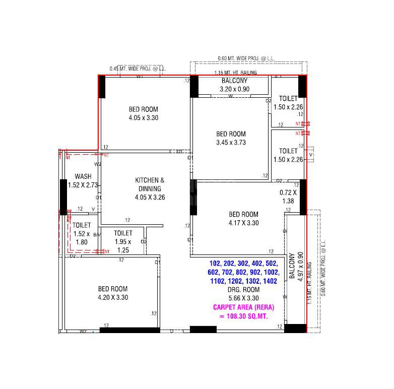 Floor plan of 4 BHK 1166 Sq. Ft. Apartment in Krishna Ever Mark 445, Ahmedabad
