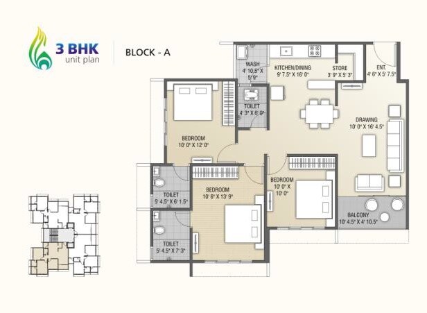 Floor plan of 3 BHK 1593 Sq. Ft. Apartment in Krishna Heights Jagatpur, Ahmedabad