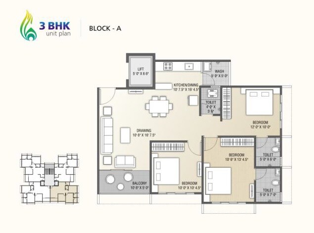 Floor plan of 3 BHK 1683 Sq. Ft. Apartment in Krishna Heights Jagatpur, Ahmedabad