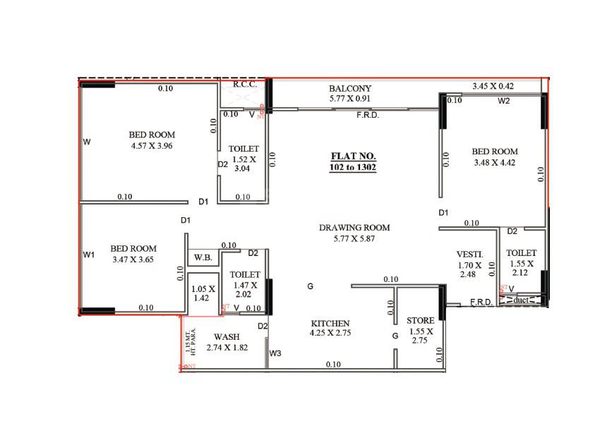 Floor plan of 3 BHK 1312 Sq. Ft. Apartment in Krishna Samay Stellar, Ahmedabad