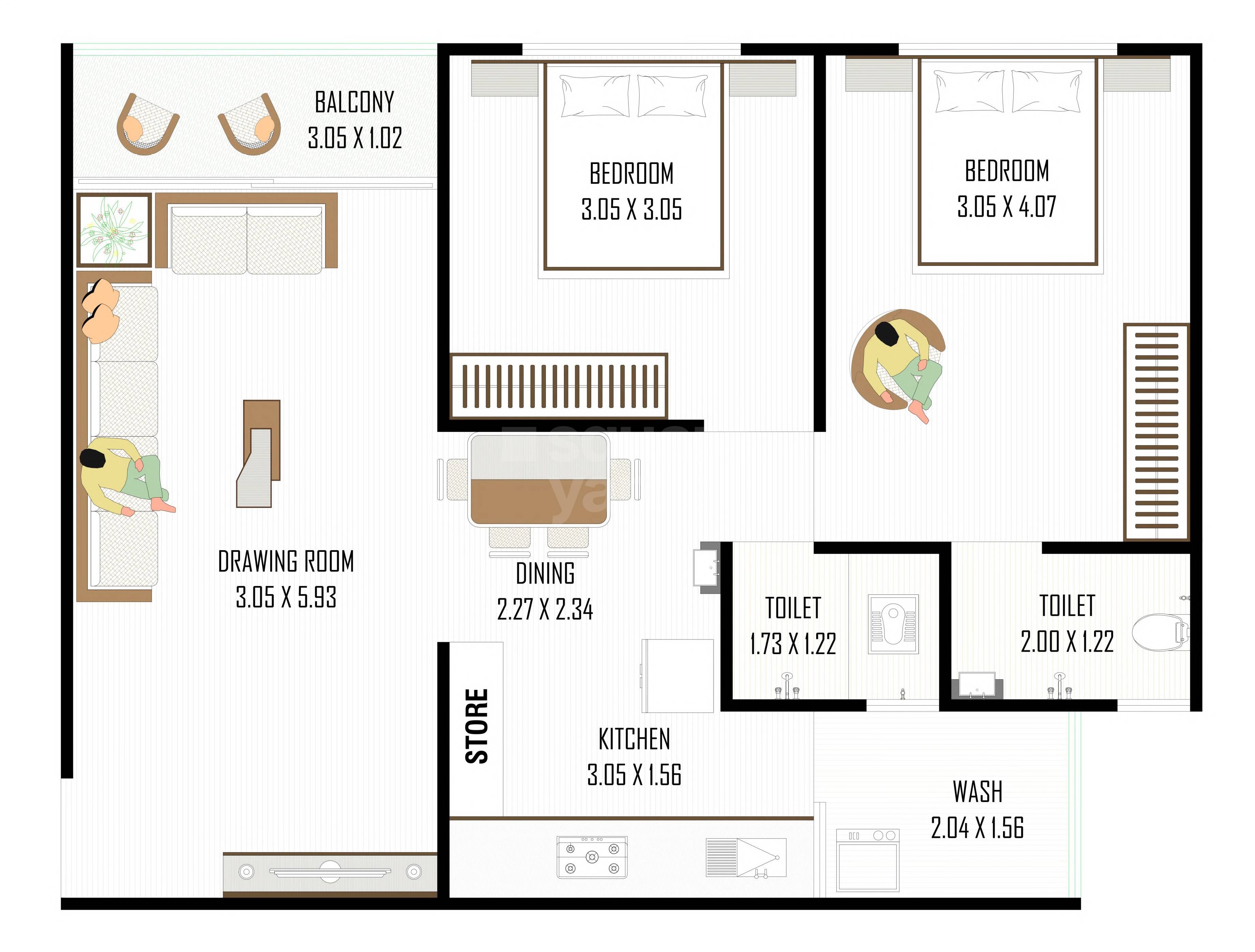 Floor plan of 2 BHK 624 Sq. Ft. Apartment in Krishna Vincitore Valley, Ahmedabad