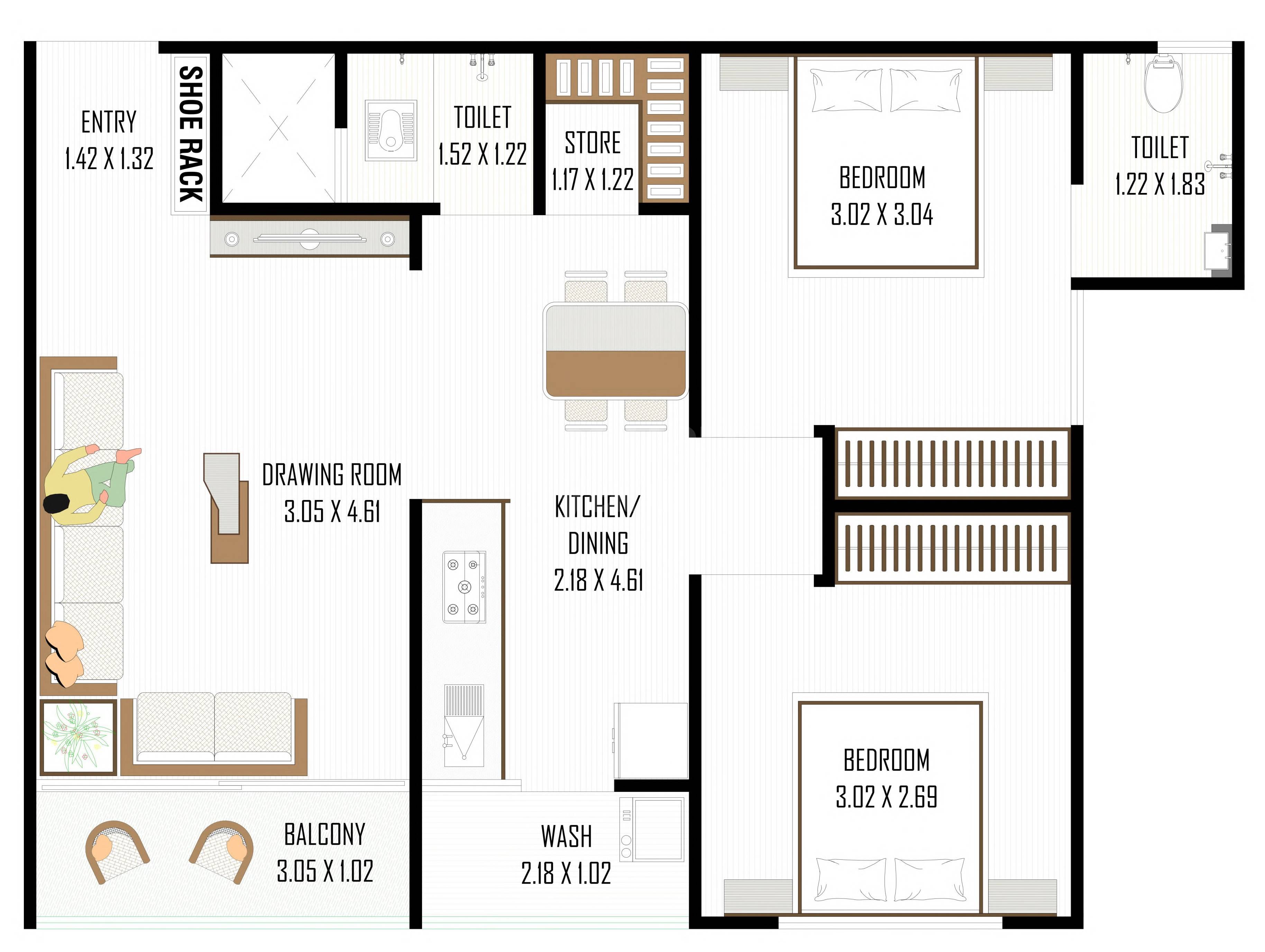 Floor plan of 2 BHK 592 Sq. Ft. Apartment in Krishna Vincitore Valley, Ahmedabad