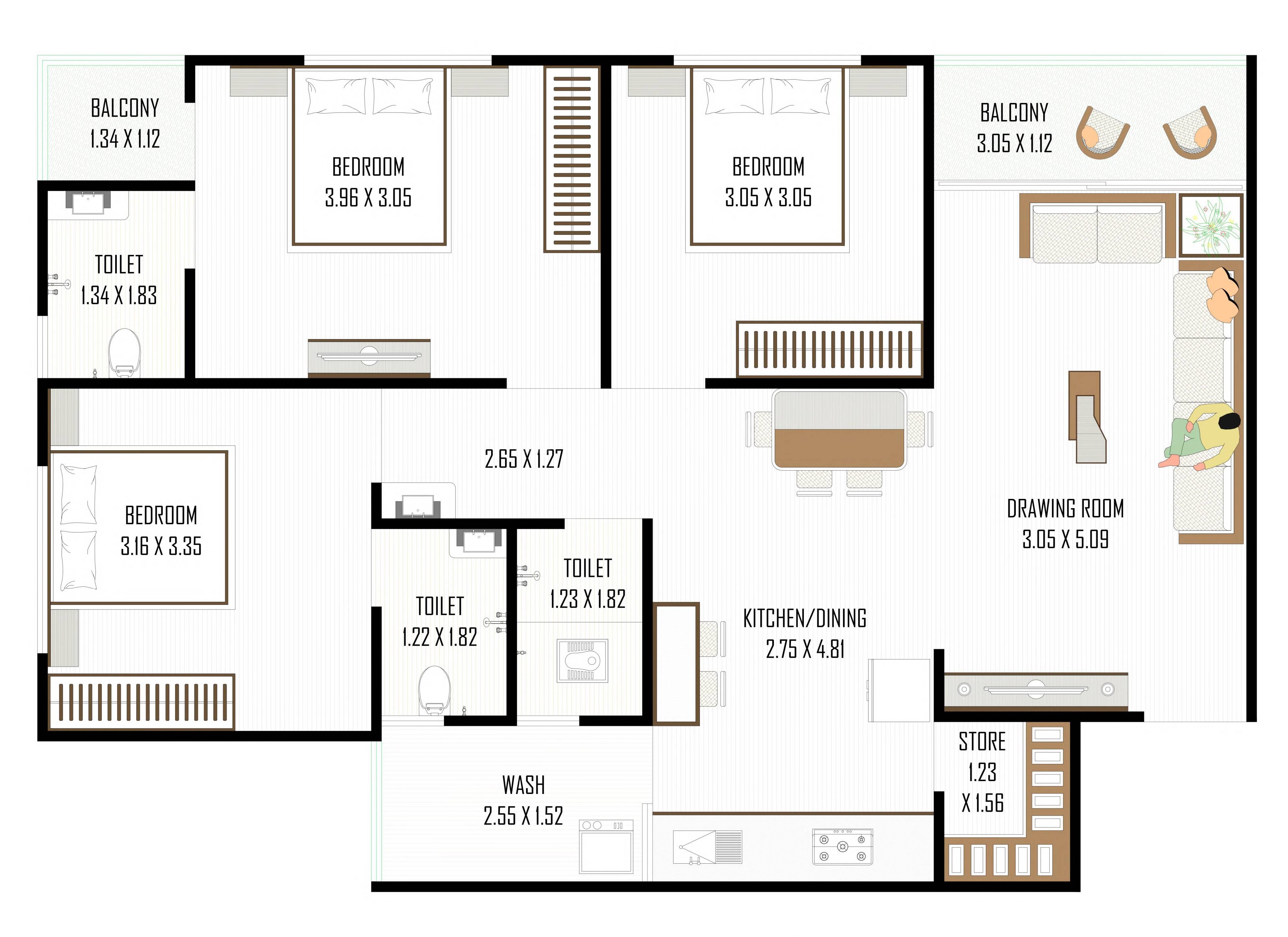 Floor plan of 3 BHK 827 Sq. Ft. Apartment in Krishna Vincitore Valley, Ahmedabad