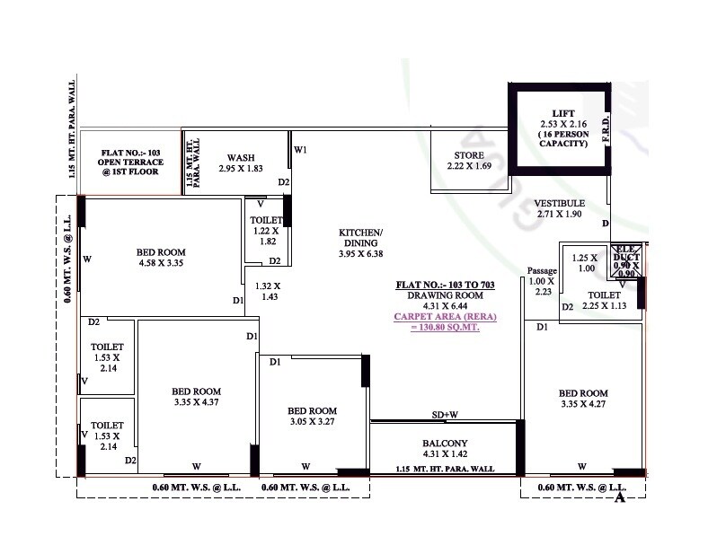 Floor plan of 3 BHK 1408 Sq. Ft. Apartment in Krishva Sarthak Pylon, Ahmedabad
