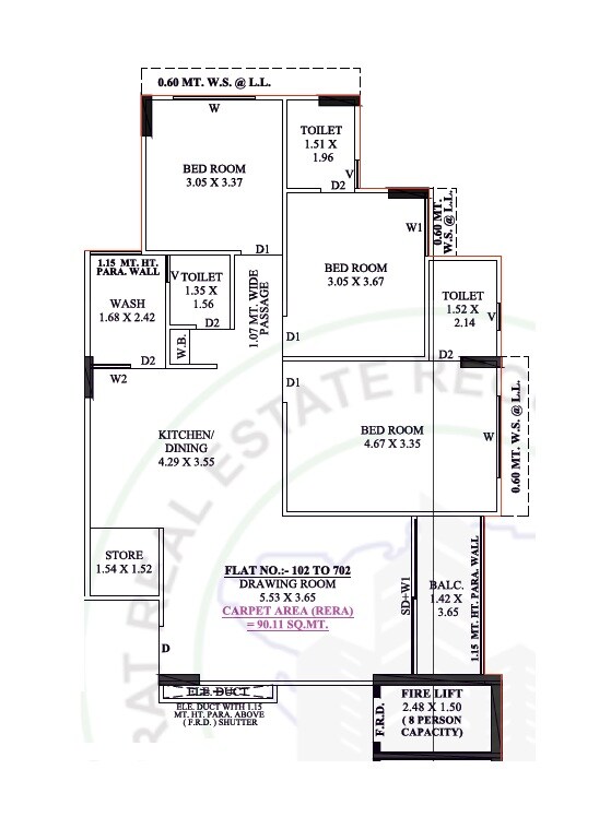 Floor plan of 3 BHK 970 Sq. Ft. Apartment in Krishva Sarthak Pylon, Ahmedabad