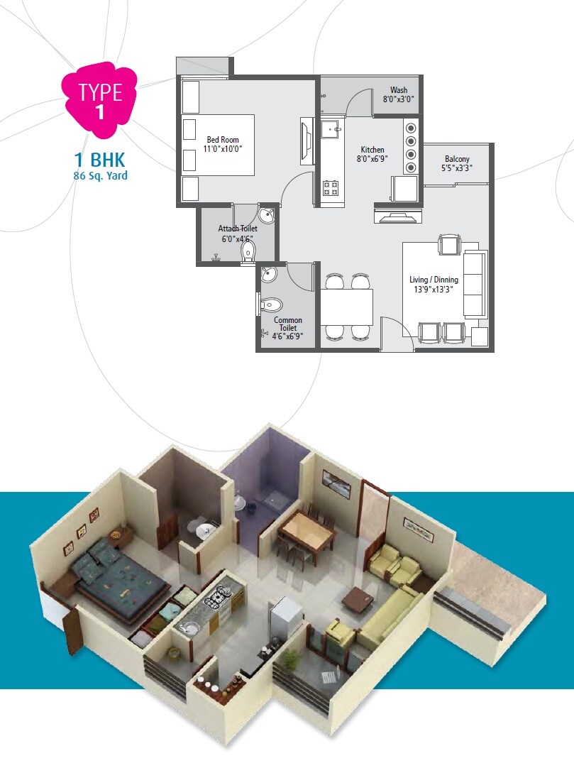 Floor plan of 1 BHK 774 Sq. Ft. Apartment in Laxmi Nivas Narol, Ahmedabad