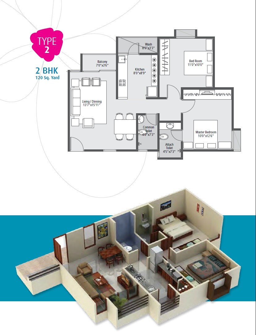 Floor plan of 2 BHK 1080 Sq. Ft. Apartment in Laxmi Nivas Narol, Ahmedabad