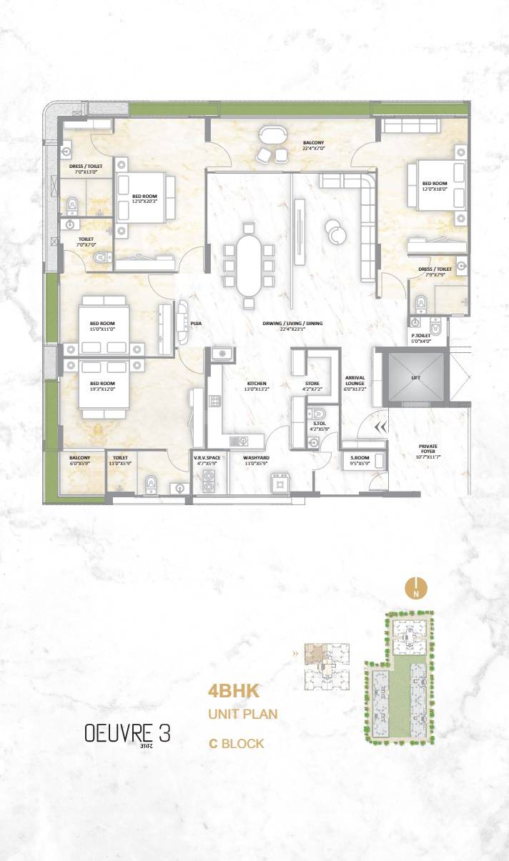Floor plan of 4 BHK 2198 Sq. Ft. Apartment in Madhav Oeuvre 3, Ahmedabad
