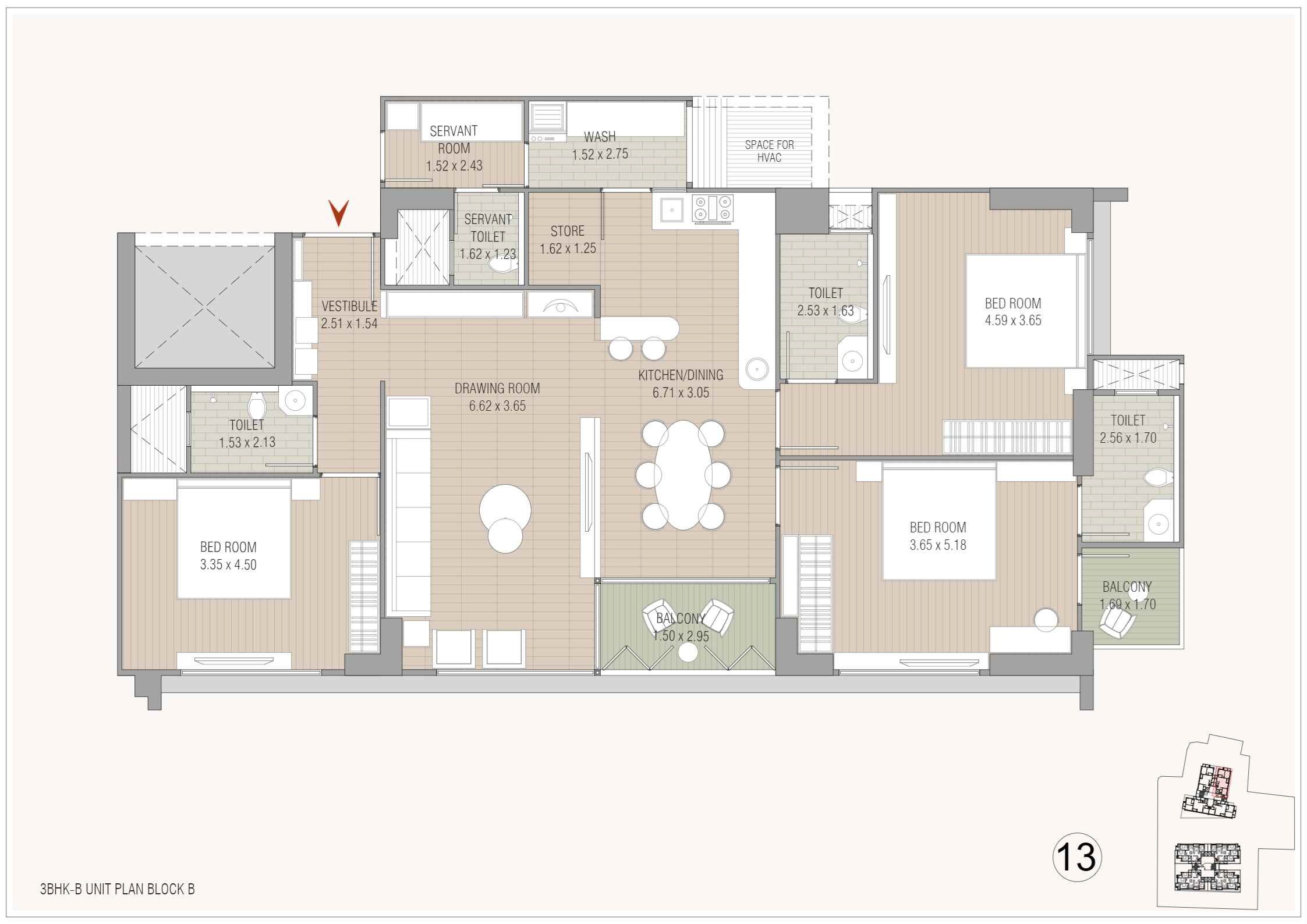 Floor plan of 3 BHK 1495 Sq. Ft. Apartment in Madhav Oeuvre Iconic, Ahmedabad