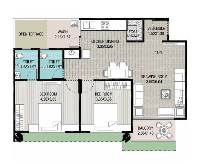 Floor plan of 2 BHK 763 Sq. Ft. Apartment in Madhav Skyline, Ahmedabad
