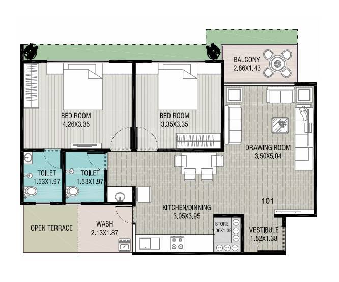 Floor plan of 2 BHK 766 Sq. Ft. Apartment in Madhav Skyline, Ahmedabad