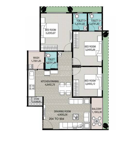 Floor plan of 3 BHK 852 Sq. Ft. Apartment in Madhav Skyline, Ahmedabad