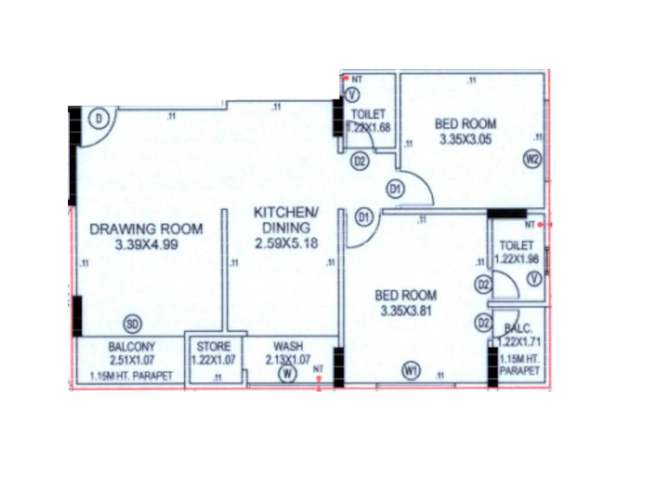Floor plan of 2 BHK 694 Sq. Ft. Apartment in Mallinath Dharmaraj Residency, Ahmedabad