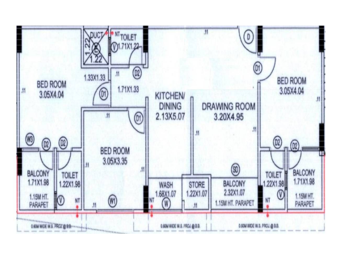 Floor plan of 3 BHK 780 Sq. Ft. Apartment in Mallinath Dharmaraj Residency, Ahmedabad
