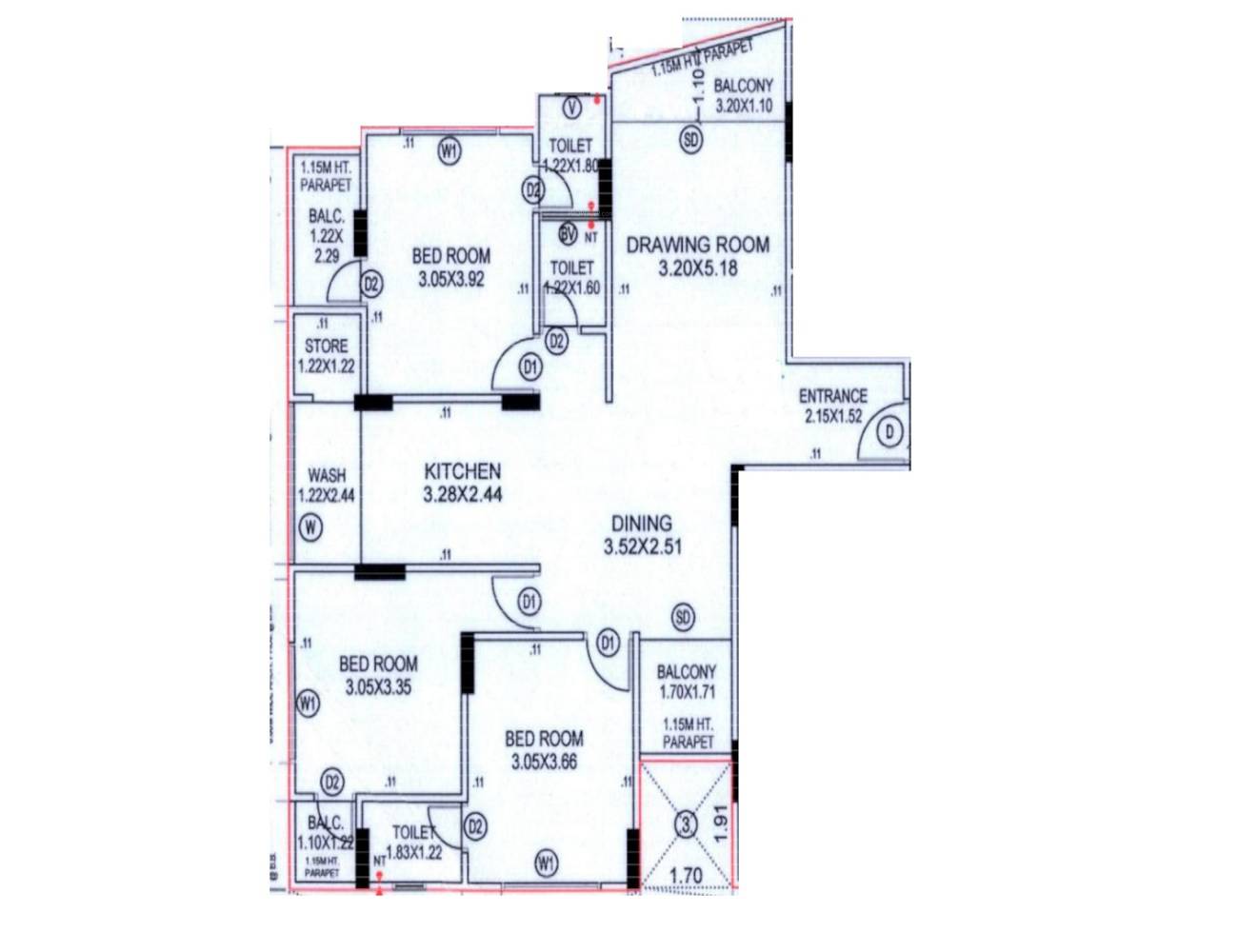 Floor plan of 3 BHK 927 Sq. Ft. Apartment in Mallinath Dharmaraj Residency, Ahmedabad